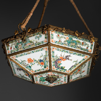 A French chandelier inset with Chinese famille verte plaques, 19th C.
