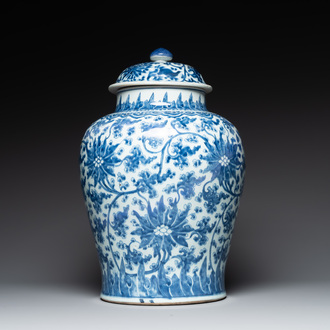 A large Chinese blue and white 'lotus scroll' vase and cover, Kangxi