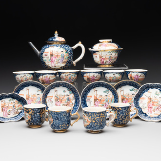 A Chinese Canton famille rose 18-piece 'mandarin subject' tea service, Qianlong