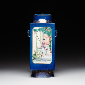 A rare Chinese gilt-decorated powder-blue-ground famille rose 'cong' vase, Yongzheng mark, 20th C.
