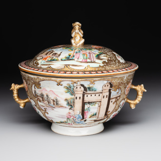 A Chinese Canton famille rose bowl and cover with figures in a landscape, Qianlong