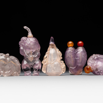 Five Chinese amethyst animal-form snuff bottles, 19/20th C.