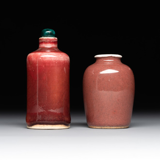 Two Chinese copper-red-glazed snuff bottles, Kangxi mark, 19th C.
