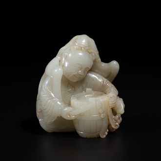 A Chinese white and russet jade 'Lu Ru Feng Qin 鹿乳奉親' carving, Qing