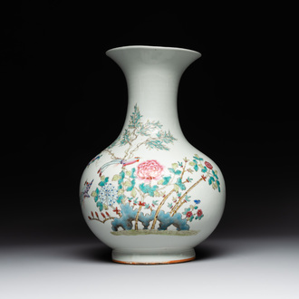 A Chinese famille rose vase with birds among blossoming branches, Republic