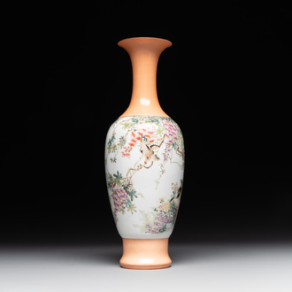 A Chinese famille rose 'birds and flowers' vase, signed Deng Xiaoyu 鄧肖禹, dated 1961