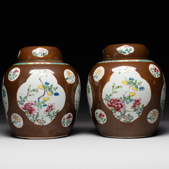 A pair of Chinese capucin-brown-ground famille rose covered jars with floral design, Yongzheng/Qianlong