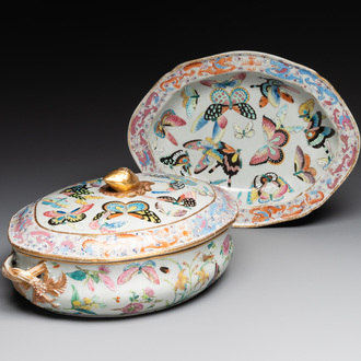 A rare Chinese Canton famille rose '100 butterflies' tureen and cover on stand, 19th C.