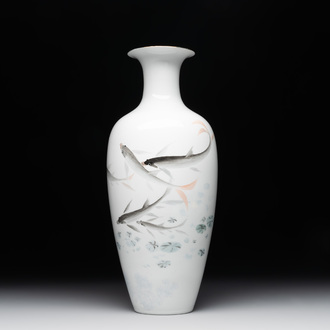 A Chinese eggshell polychrome 'fish' vase, Jing De Zhen Zhi 景德鎮製 mark, dated 1981