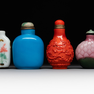 Four Chinese Peking glass snuff bottles, one with a Qianlong mark, 18/19th C.