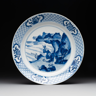 A Chinese blue and white 'Hehe Erxian' dish, Jiajing mark, Kangxi