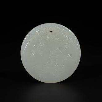 A Chinese white jade 'moon hare and rooster' plaque, Qing