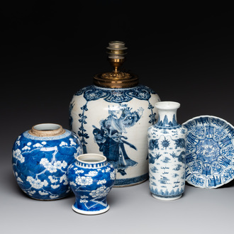 A Chinese blue and white 'dragon' vase, one jar mounted as lamp, two jars and a plate, Chenghua mark, 19th C.