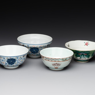 Two Chinese blue, white and famille rose bowls and two famille rose bowls, Guangxu and Shen De Tang mark, 19th C.