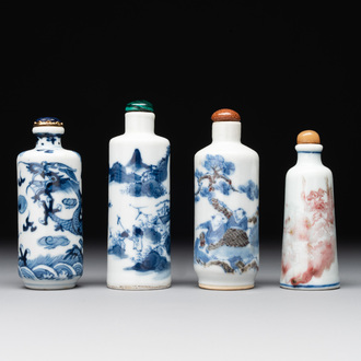 Two Chinese blue and white snuff bottles and two blue, white and copper-red snuff bottles, 19th C.