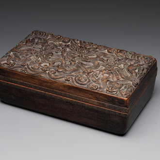 A Chinese rectangular silver-inlaid zitan wood 'dragon' box and cover, 17/18th C.