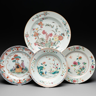 A Chinese famille rose dish, two plates and a Dutch-decorated plate, Qianlong