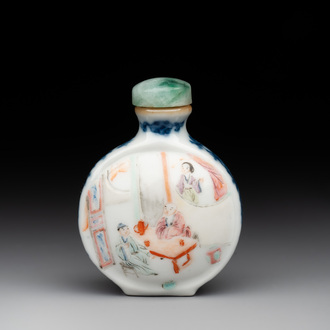 A Chinese famille rose snuff bottle with jadeite stopper, Jiaqing mark and of the period