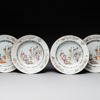 Four Chinese famille rose 'ladies playing music with children' plates, Qianlong