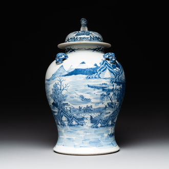 A Chinese blue and white 'landscape' vase and cover, Chenghua mark, 19th C.
