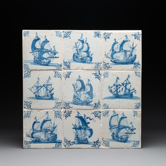 A fine set of 9 blue and white Dutch Delft tiles with ships, 17th C.