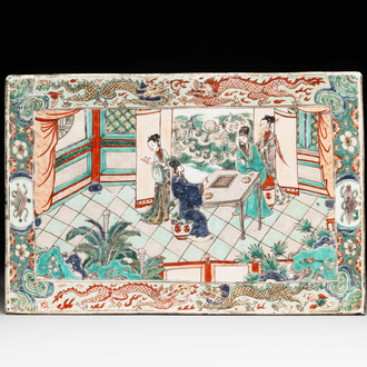 A rectangular Chinese famille verte tile with two-sided design, Kangxi