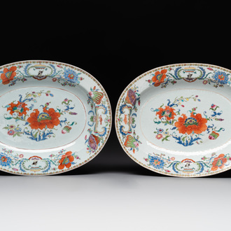 A pair of large oval Chinese famille rose 'Madame de Pompadour' dishes, Qianlong, ca. 1745