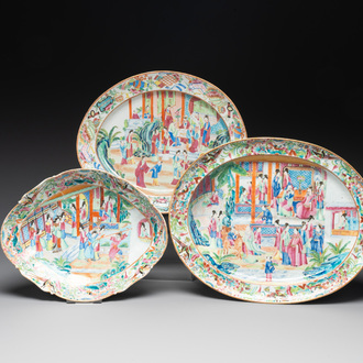 Two Chinese Canton famille rose dishes and a tazza, 19th C.