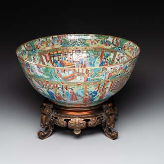 A large Chinese Canton famille rose bowl with a bronze stand, 19th C.