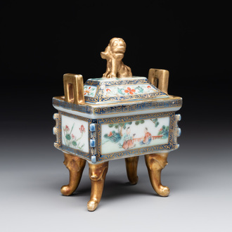 A fine Chinese gilt-decorated blue, white and famille rose covered censer, Qianlong