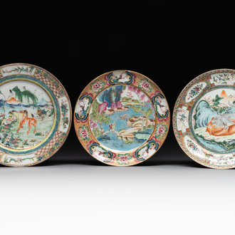 Three unusual Chinese Canton famille rose plates, 19th C.