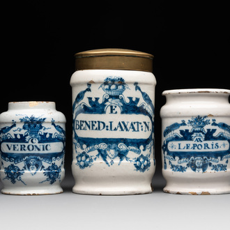Three blue and white Dutch Delft albarelli, 18th C.