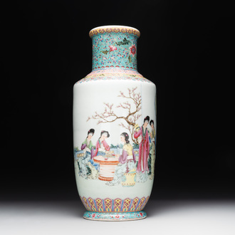 A Chinese famille rose vase with ladies in a garden, Qianlong mark, 20th C.