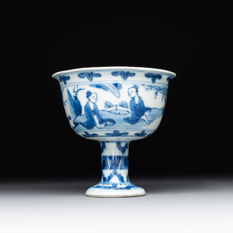 A Chinese blue and white stem cup with scholars in a landscape, Transitional period