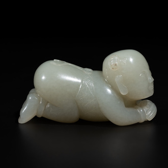 A Chinese white jade carving of a reclining boy, Qing