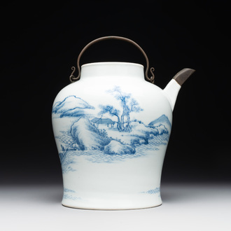 A fine Chinese blue and white 'Bleu de Hue' 'landscape' teapot with bronze mount, Chenghua mark, 18/19th C.