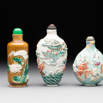 Three Chinese famille rose moulded snuff bottle, Ying Chuan Zhen Cang 穎川珍藏 mark, 19th C.