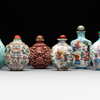 Six Chinese famille rose moulded snuff bottles, Qianlong mark, 19/20th C.