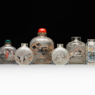 Eight Chinese inside-painted glass snuff bottles, signed Tang Zichuan 湯子川 and Ye Zhongzhi 葉仲芝, 20th C.
