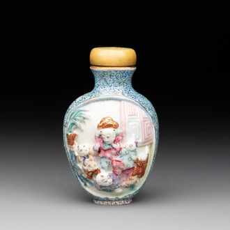 A Chinese moulded famille rose 'playing boys' snuff bottle, Qianlong mark, 19th C.