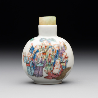 A Chinese famille rose '18 Luohan' snuff bottle, Daoguang mark and of the period
