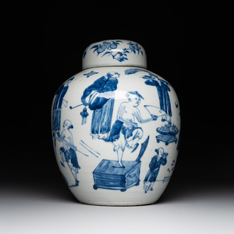 A rare Chinese blue and white 'figures' jar and cover, Kangxi mark, 19th C.