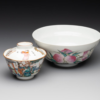 A Chinese famille rose 'nine peaches' bowl and a 'Wu Shuang Pu' covered bowl, Qianglong and Tongzhi mark, 19th C.
