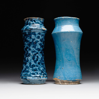 Two large monochrome and splashed blue pottery albarelli, Spain, 17th C.