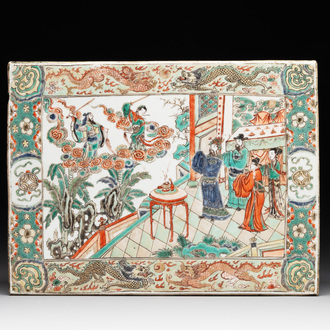 A rectangular Chinese famille verte tile with two-sided design, Kangxi