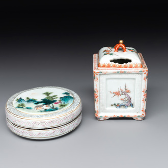 A Chinese famille rose covered seal paste box and a square famille verte covered censer, Qianlong mark, 19th C.