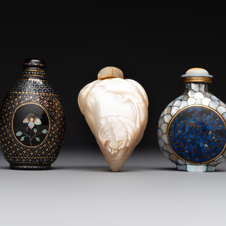Two Chinese lacquered and mother-of-pearl-inlaid snuff bottles and a carved mother-of-pearl shell snuff bottle, Qianlong mark, 18/19th C.