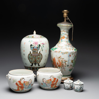 A Chinese famille verte vase, two famille rose jars and three covered jars, 19th C.