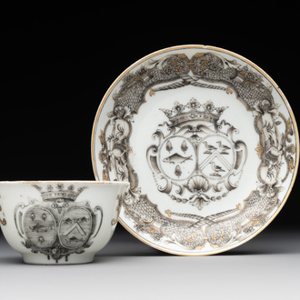 A Chinese gilt-decorated grisaille armorial cup and saucer, Qianlong