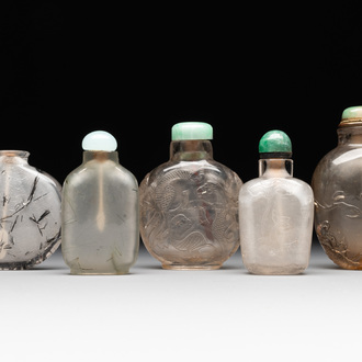 Five Chinese rock crystal and needle agate snuff bottles, Qing
